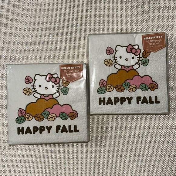 HELLO KITTY Ivory Pink White Orange Brown Happy Fall Square Beverage Napkins - Picture 1 of 8